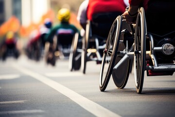 A diverse group of individuals with disabilities joyfully ride their wheelchairs down a bustling city street, Wheelchair athletes competing in a marathon, AI Generated
