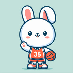 sport animal cute bunny wearing a sports uniform carrying a basketball waving hand vector illustration