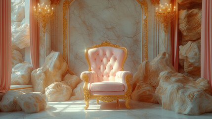 Interior of a hotel, The Throne Room with Gold royal chair on a white background of light sky curtains. Place for the king. Throne, classic chair in the room , Ai generated image - obrazy, fototapety, plakaty
