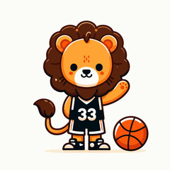 sport animal cute lion wearing basketball jersey waving hand vector illustration