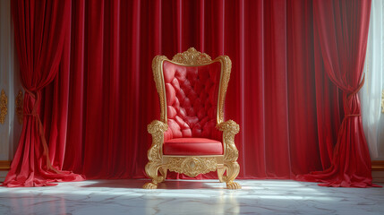 Red velvet curtain with curtains, The Throne Room with Gold royal chair on a white background of red curtains. Place for the king. Throne, luxury armchair, Ai generated image