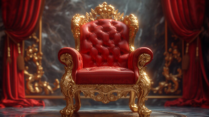 Antique armchair in the interior, The Throne Room with Gold royal chair on a white background of red curtains. Place for the king. Throne, luxury armchair, Ai generated image - obrazy, fototapety, plakaty