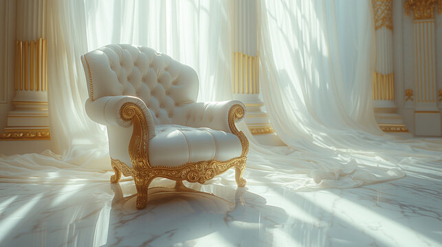White chair in the room, The Throne Room with Gold royal chair on a white background of light sky curtains. Place for the king. Throne, classic chair in the room , Ai generated image
