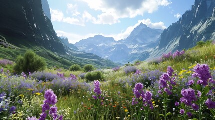 Obraz premium Breathtaking Mountain Landscape with Lush Green Meadows and Blooming Wildflowers Under a Clear Blue Sky