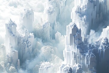 Aerial View of City Enveloped by Clouds, Majestic Urban Landscape, 3D abstract extrusions, resembling futuristic architecture, AI Generated