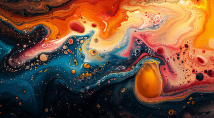 A dynamic and colorful abstract fluid art composition with swirls of orange, yellow, and black