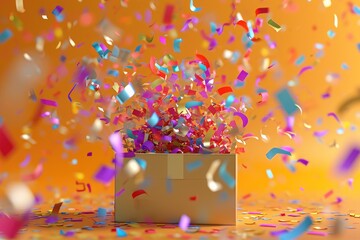 A box filled with a vibrant explosion of confetti and streamers ready to add excitement to any celebration, 3D illustration of confetti bursting out of a surprise box, AI Generated