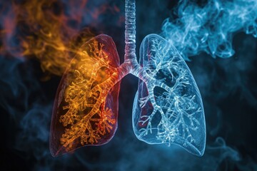 Smoke Emitting From Lungs, A Visual Representation of the Respiratory Systems Exposure to Harmful Agents, 3D model of oxygen and carbon dioxide exchange process in lungs, AI Generated