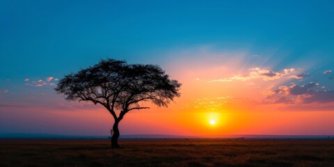 Panorama silhouette tree in Africa with sunset. Tree silhouetted against a setting sun. Dark tree on open field dramatic sunrise.Typical African sunset with acacia trees in Masai Mara, Kenya