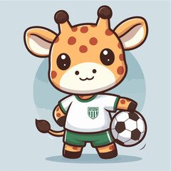 sport animal cute little giraffe soccer player carrying a ball wearing a jersey vector illustration