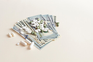 Closeup Many Dollar Money Banknotes And Different Pills Or Tablets. Expensive Medicine And Healthcare Insurances. Inflation. Big Pharma, Pharmaceutical Industry. Horizontal Plane.