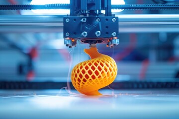 A machine is seen in action, diligently working on a yellow object, 3D printer in the process of creating an object, AI Generated - obrazy, fototapety, plakaty
