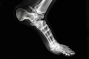 This x-ray captures a detailed view of a foot with a bone clearly visible, 3D X-ray interpretation of a human ankle and foot, AI Generated