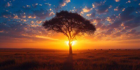 Panorama silhouette tree in Africa with sunset. Tree silhouetted against a setting sun. Dark tree on open field dramatic sunrise.Typical African sunset with acacia trees in Masai Mara, Kenya