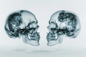 This photo shows a pair of human skulls, with their heads turned to the side, 3D X-ray interpretation of a human skull from different angles, AI Generated