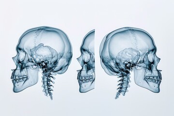 This photo showcases the intricate inner structure of the human skull through three different X-ray images, 3D X-ray interpretation of a human skull from different angles, AI Generated