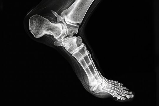 This x-ray captures a detailed view of a foot with a bone clearly visible, 3D X-ray interpretation of a human ankle and foot, AI Generated