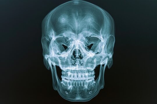 This x-ray image showcases the intricate inner structure of a human skull, providing valuable insights into potential pathologies, 3D X-ray film of a human skull, AI Generated