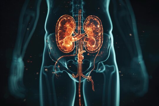 This image depicts the human body with the kidney highlighted, providing a clear visual representation of the kidneys position within the body, 3D X-ray film of the human urinary system, AI Generated