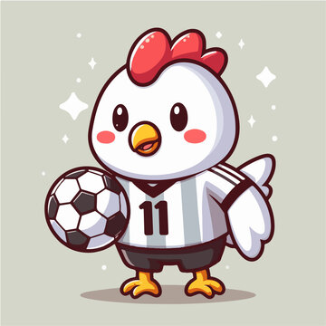 sport animal cute chicken soccer player carrying a ball wearing a jersey vector illustration