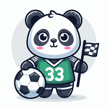 sport animal cute panda soccer player carrying a ball wearing a jersey vector illustration