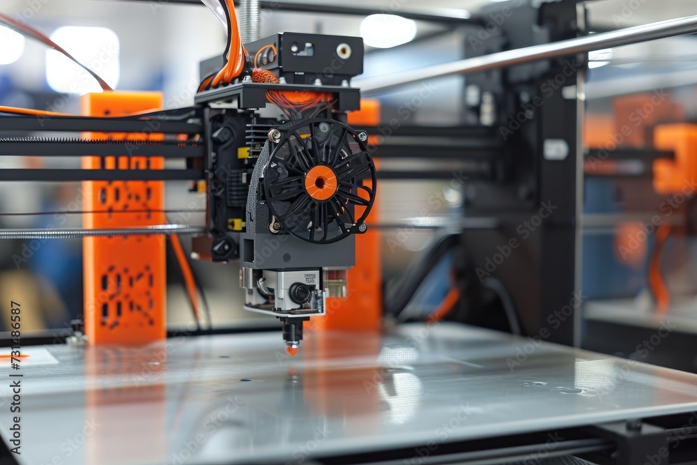 Poster a machine in action, diligently working on some kind of object, a 3d printer creating complex it har