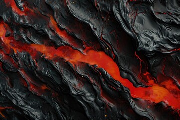 Obraz premium Close Up of Black and Red Substance Revealing Intriguing Patterns and Textures, A 3D portrayal of lava flow in a predominantly red and black palette, AI Generated