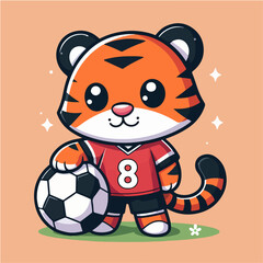 sport animal cute tiger soccer player carrying a ball wearing a jersey vector illustration