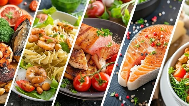 Photo collage of dietary dishes and healthy food. A set of dishes in plates. Photo banner for a food site