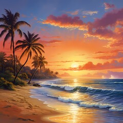 Fototapeta na wymiar A tranquil beach at dawn, with gentle waves rolling in, palm trees swaying, and a spectrum of warm colors painting the sky