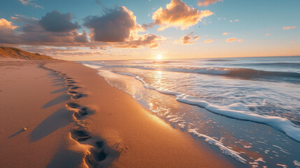 Naklejka na ściany i meble Traces in the sand of a beach by the sea in a low sun