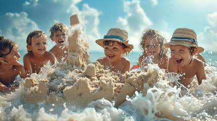 A wave destroys a sand castle that the children have built. summer vacation concept