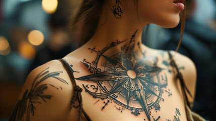 A compass as a tattoo on a woman's chest - obrazy, fototapety, plakaty