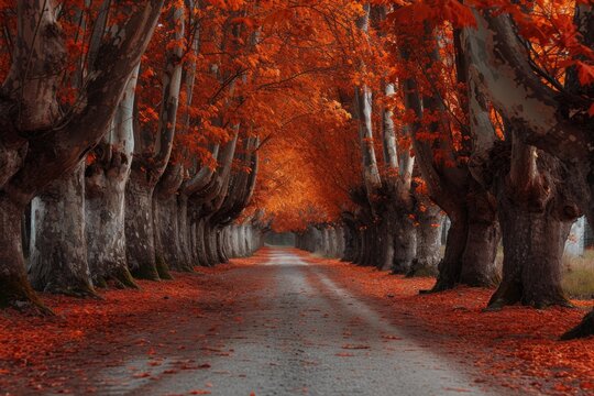 Serene Fall Drive Along a Tree-Lined Road, A beautiful alley overlooked by old poplar trees bathed in oranges and reds, AI Generated