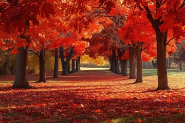 A picturesque park teeming with countless trees covered in vibrant autumn leaves, A beautiful maple tree avenue glowing fiery red in an autumn park, AI Generated