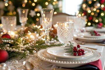A beautifully arranged table for a festive Christmas dinner, complete with a stunning Christmas tree in the background, A beautifully decorated Christmas table set for dinner, AI Generated