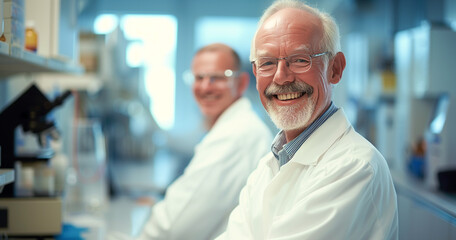 a smiling scientist and technician together in a laboratory
