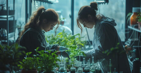 Two scientists in a lab wearing lab coats are doing biological experiments and analysis in the lab to create innovations or information in biotechnology.