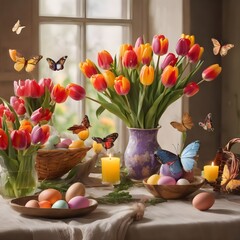 Easter background. Colorful spring tulips with butterflies and painted eggs