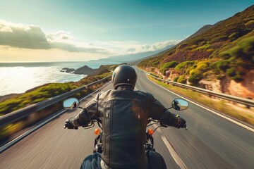 A man rides a motorcycle along a scenic coastal road with the ocean in the background, A biker...