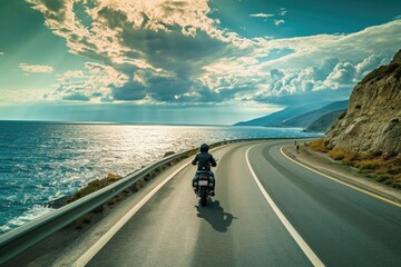 A man rides a motorcycle down a road next to the ocean, A biker enjoying a solitary ride on a coastal highway, AI Generated - Powered by Adobe