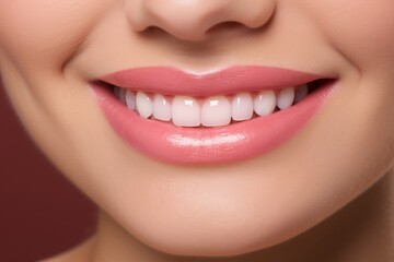 Fototapeta premium Close-up portrait of a beautiful womans smiling face with perfect teeth and vibrant painted lips
