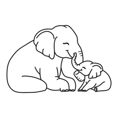 Line art of Mother elephant and baby elephant cuddle each other vector