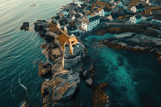 This captivating photo showcases the picturesque charm and peaceful atmosphere of a small village nestled along the coast, A bird's eye view of a coastal town with a lighthouse, AI Generated