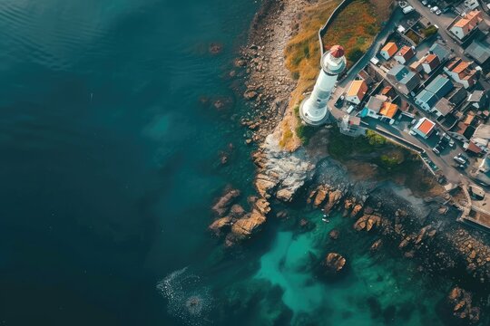 This stunning aerial photo captures the harmonious coexistence of urban development and the mesmerizing ocean landscape, A bird's eye view of a coastal town with a lighthouse, AI Generated