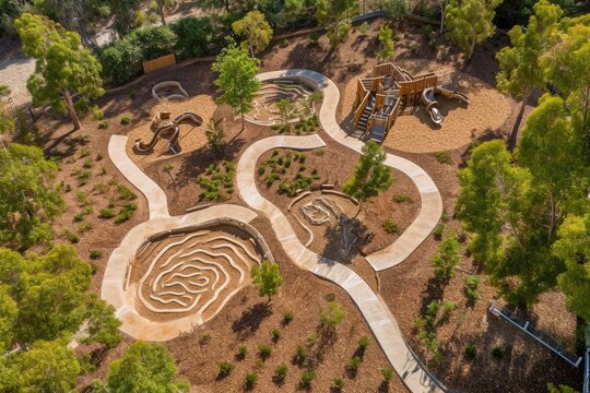 Aerial View of Playground in Park, A Fun and Colorful Setting for Outdoor Recreation, A bird's eye view of a labyrinth style playground, AI Generated