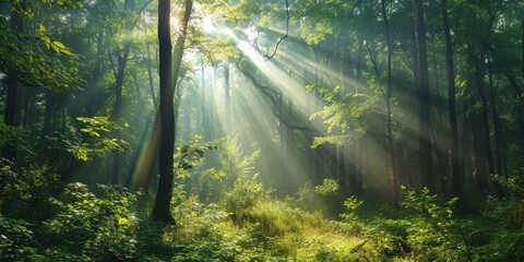 Spectacular morning sun light rays in the forest. Green forest during a beautiful summer warm day