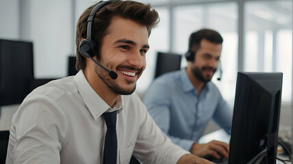 Business man, call center and web support communication at a computer in a office. Phone conversation, smile and male worker with contact us, crm and customer service job in a consulting agency