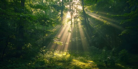 Obraz premium Spectacular morning sun light rays in the forest. Green forest during a beautiful summer warm day