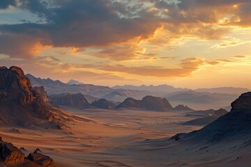 Naklejka premium A breathtaking view of a vast desert with towering mountains in the far distance, A blend of cool and warm hues emulating a desert at sunset, AI Generated